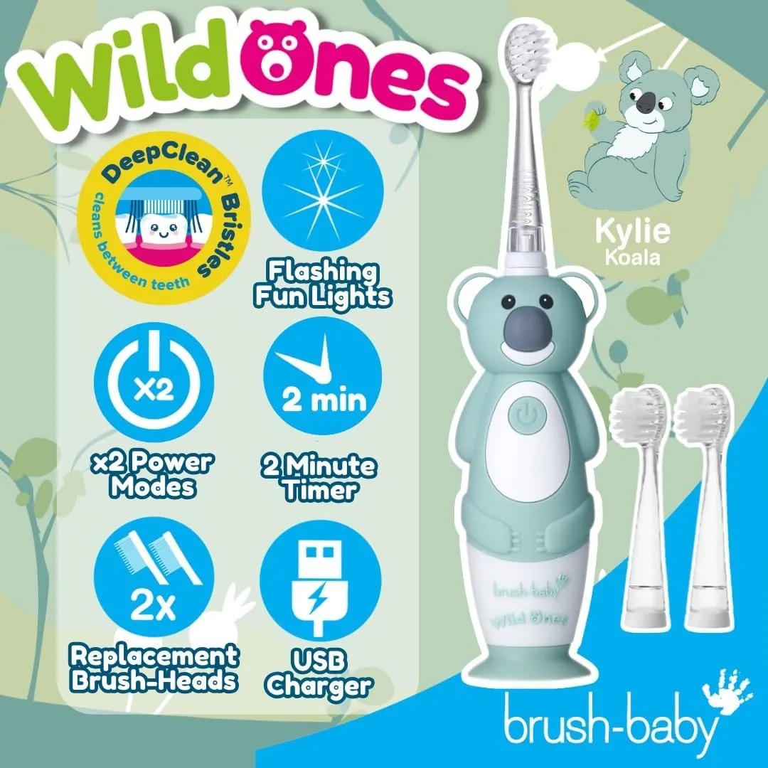 brush-baby WildOnes™ Rechargeable Kids Electric Toothbrush – Koala | Flashing Lights, 2-Min Timer, Waterproof, 3 Brush Heads | Toddler & Child Toothbrush Ages 0-10 | Soft Bristles