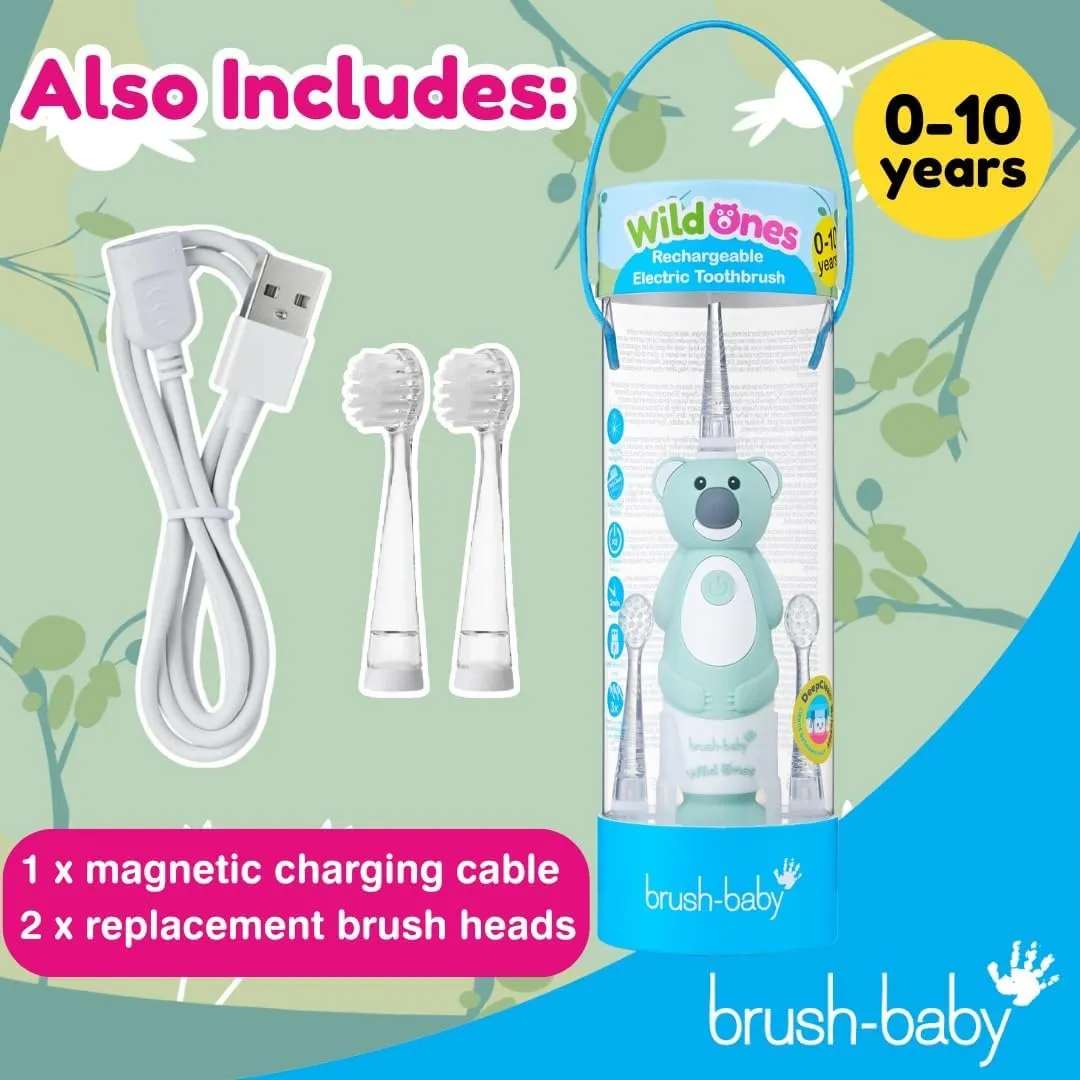 brush-baby WildOnes™ Rechargeable Kids Electric Toothbrush – Koala | Flashing Lights, 2-Min Timer, Waterproof, 3 Brush Heads | Toddler & Child Toothbrush Ages 0-10 | Soft Bristles