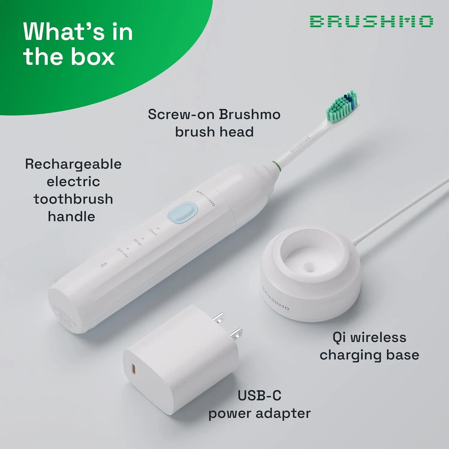 Brushmo e-Series Electric Sonic Toothbrush - Rechargeable Screw-On Electronic Tooth Brush for Adults with 3 Modes & Timer - IPX7 Waterproof, Long-Lasting Battery & Wireless Charging Base - White