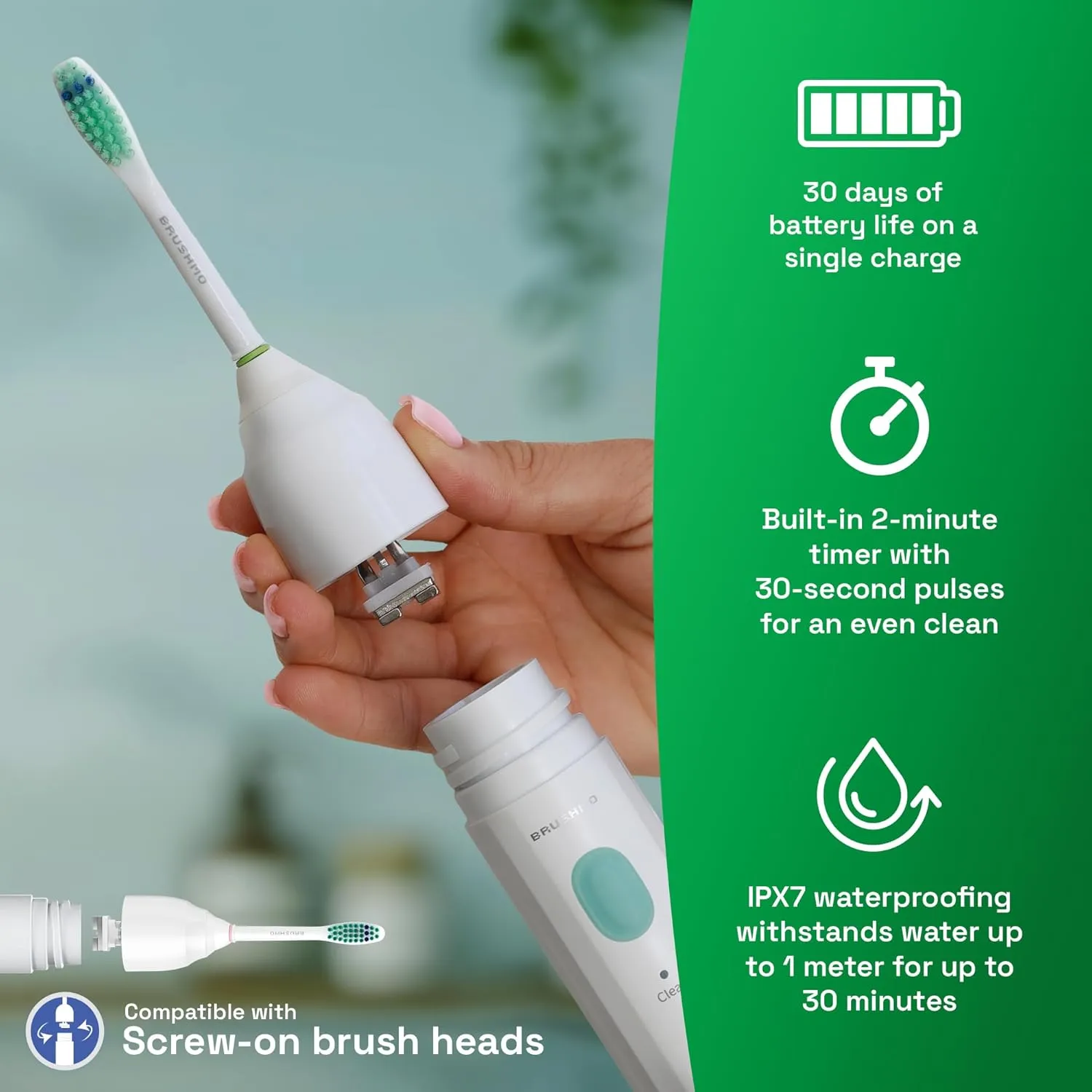 Brushmo e-Series Electric Sonic Toothbrush - Rechargeable Screw-On Electronic Tooth Brush for Adults with 3 Modes & Timer - IPX7 Waterproof, Long-Lasting Battery & Wireless Charging Base - White