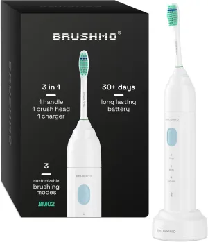 Brushmo e-Series Electric Sonic Toothbrush - Rechargeable Screw-On Electronic Tooth Brush for Adults with 3 Modes & Timer - IPX7 Waterproof, Long-Lasting Battery & Wireless Charging Base - White