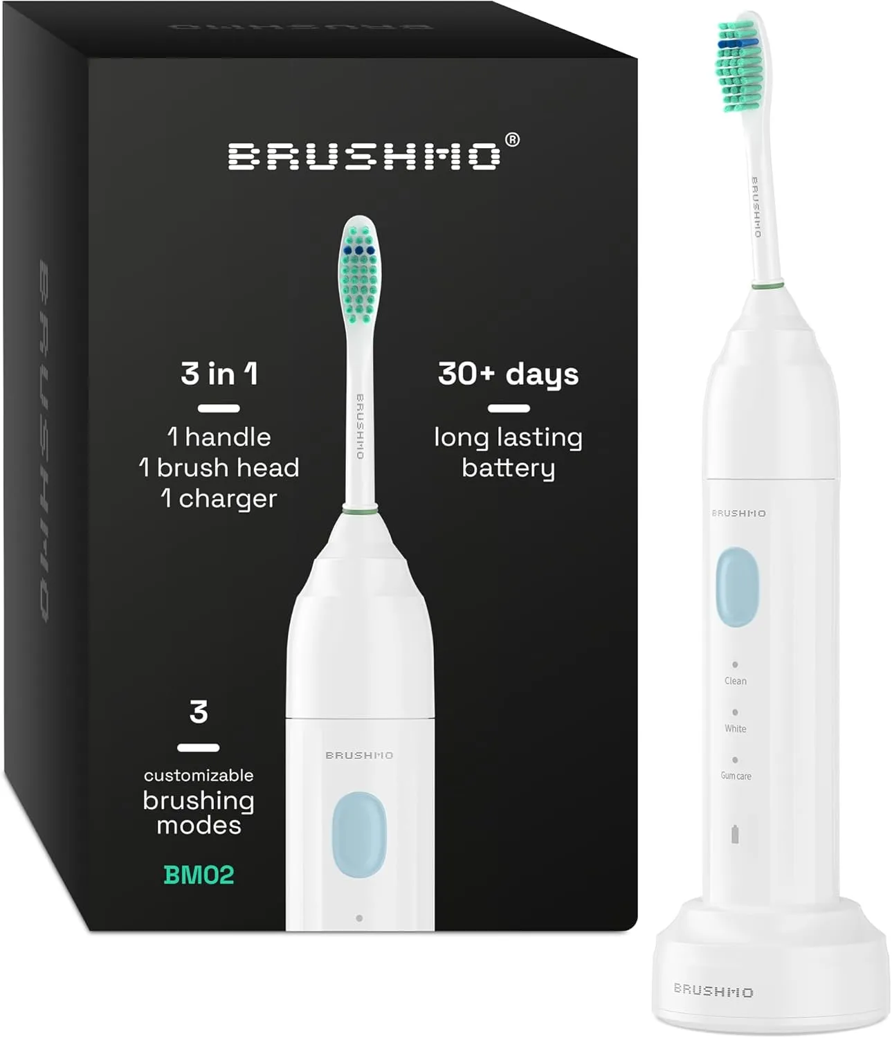 Brushmo e-Series Electric Sonic Toothbrush - Rechargeable Screw-On Electronic Tooth Brush for Adults with 3 Modes & Timer - IPX7 Waterproof, Long-Lasting Battery & Wireless Charging Base - White