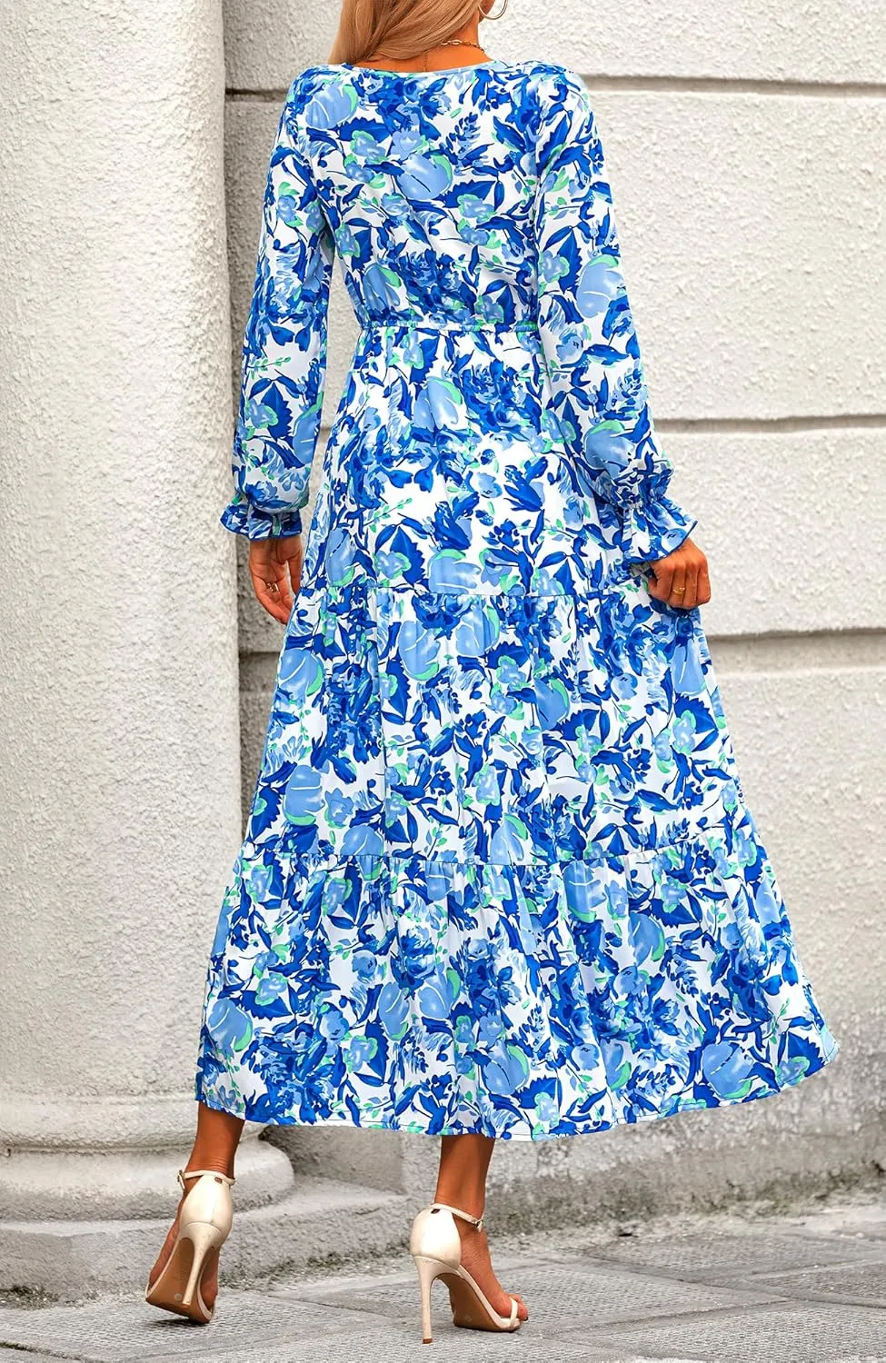 BTFBM Women Spring Dresses 2025 Casual Long Sleeve V Neck Maxi Dresses Floral Boho Long Dress Wedding Guest Dress