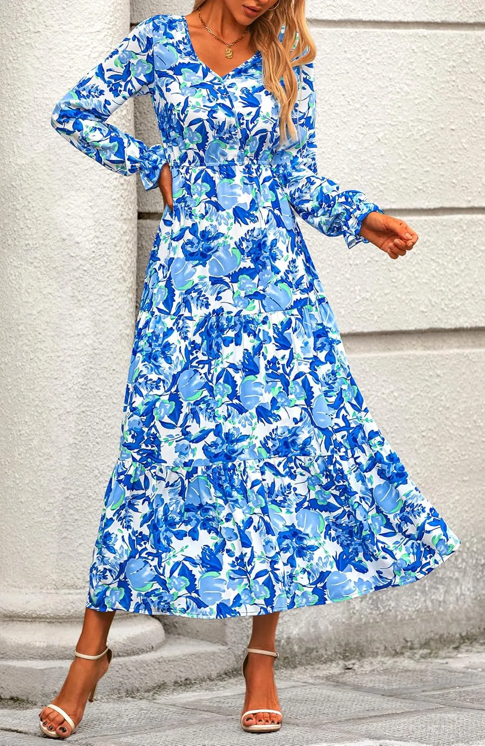 BTFBM Women Spring Dresses 2025 Casual Long Sleeve V Neck Maxi Dresses Floral Boho Long Dress Wedding Guest Dress