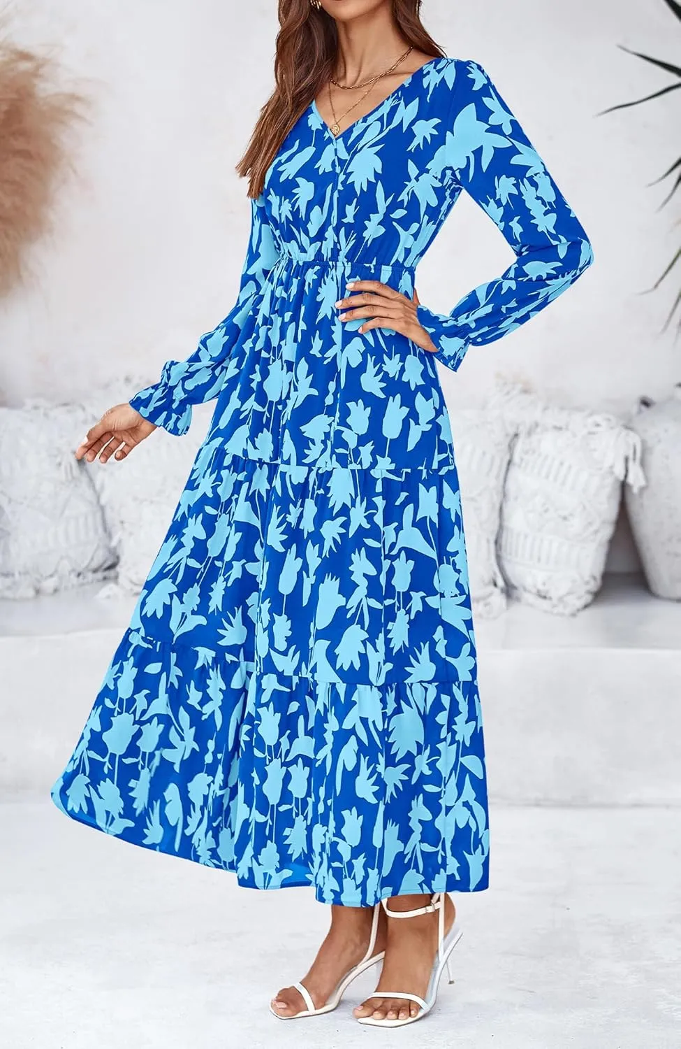 BTFBM Women Spring Dresses 2025 Casual Long Sleeve V Neck Maxi Dresses Floral Boho Long Dress Wedding Guest Dress