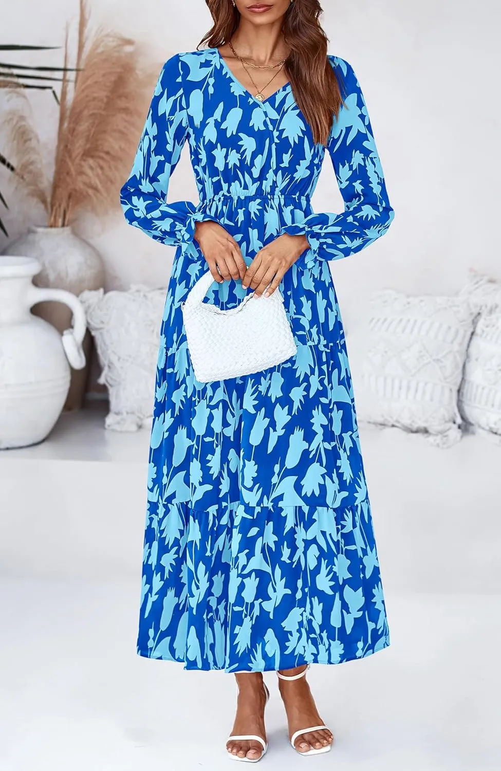 BTFBM Women Spring Dresses 2025 Casual Long Sleeve V Neck Maxi Dresses Floral Boho Long Dress Wedding Guest Dress
