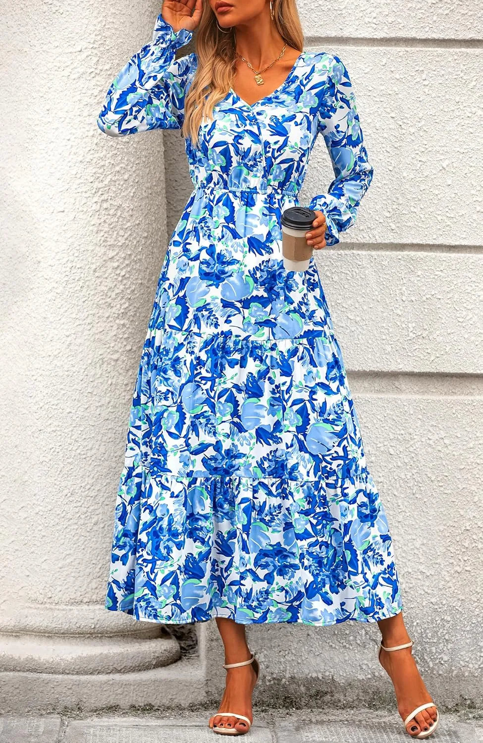 BTFBM Women Spring Dresses 2025 Casual Long Sleeve V Neck Maxi Dresses Floral Boho Long Dress Wedding Guest Dress