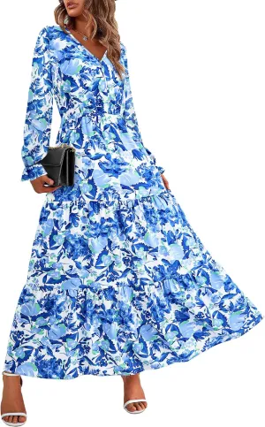BTFBM Women Spring Dresses 2025 Casual Long Sleeve V Neck Maxi Dresses Floral Boho Long Dress Wedding Guest Dress