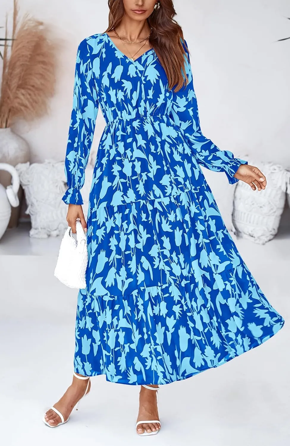 BTFBM Women Spring Dresses 2025 Casual Long Sleeve V Neck Maxi Dresses Floral Boho Long Dress Wedding Guest Dress