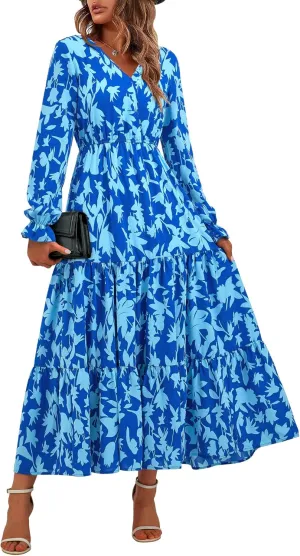 BTFBM Women Spring Dresses 2025 Casual Long Sleeve V Neck Maxi Dresses Floral Boho Long Dress Wedding Guest Dress