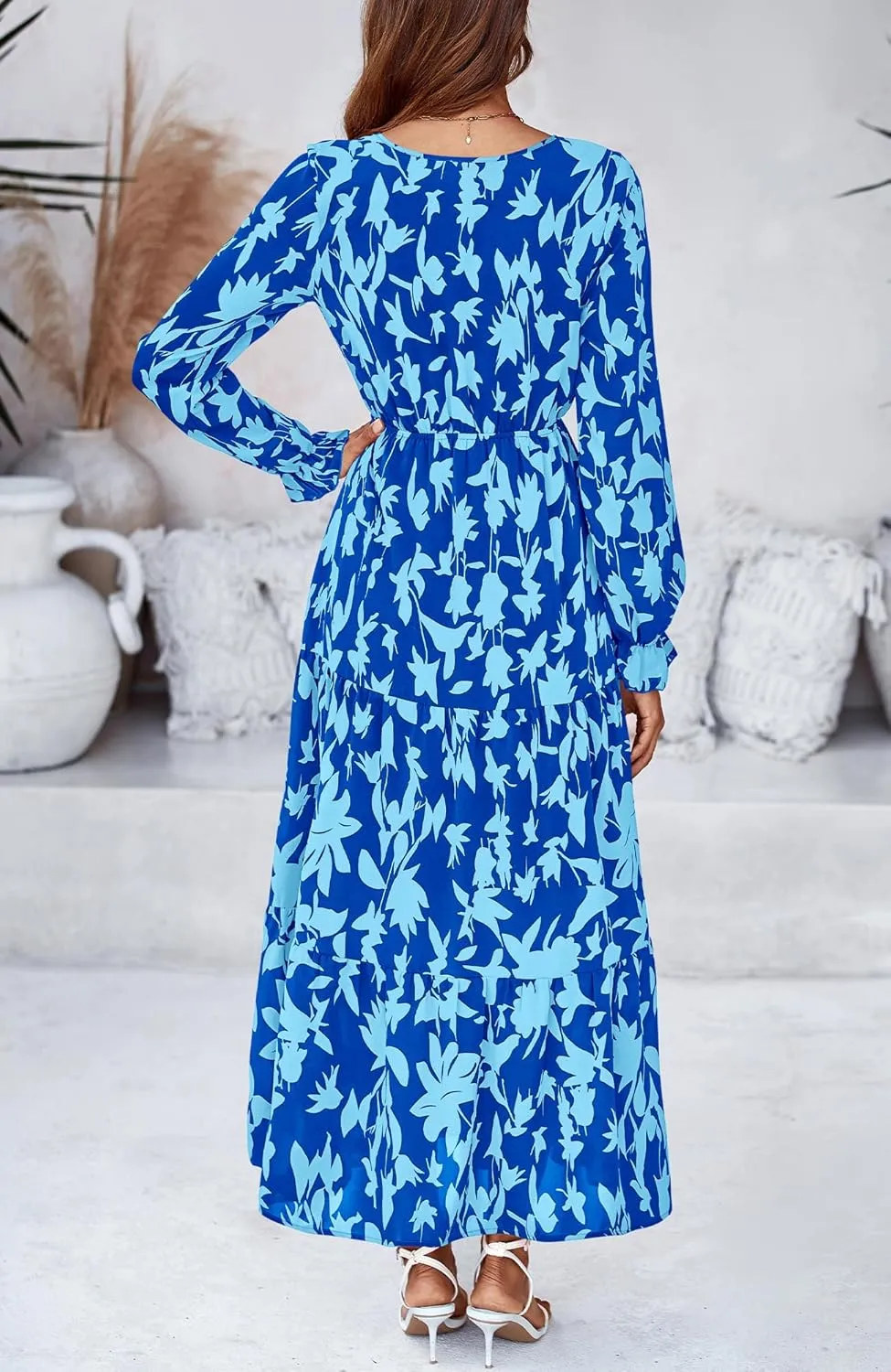 BTFBM Women Spring Dresses 2025 Casual Long Sleeve V Neck Maxi Dresses Floral Boho Long Dress Wedding Guest Dress
