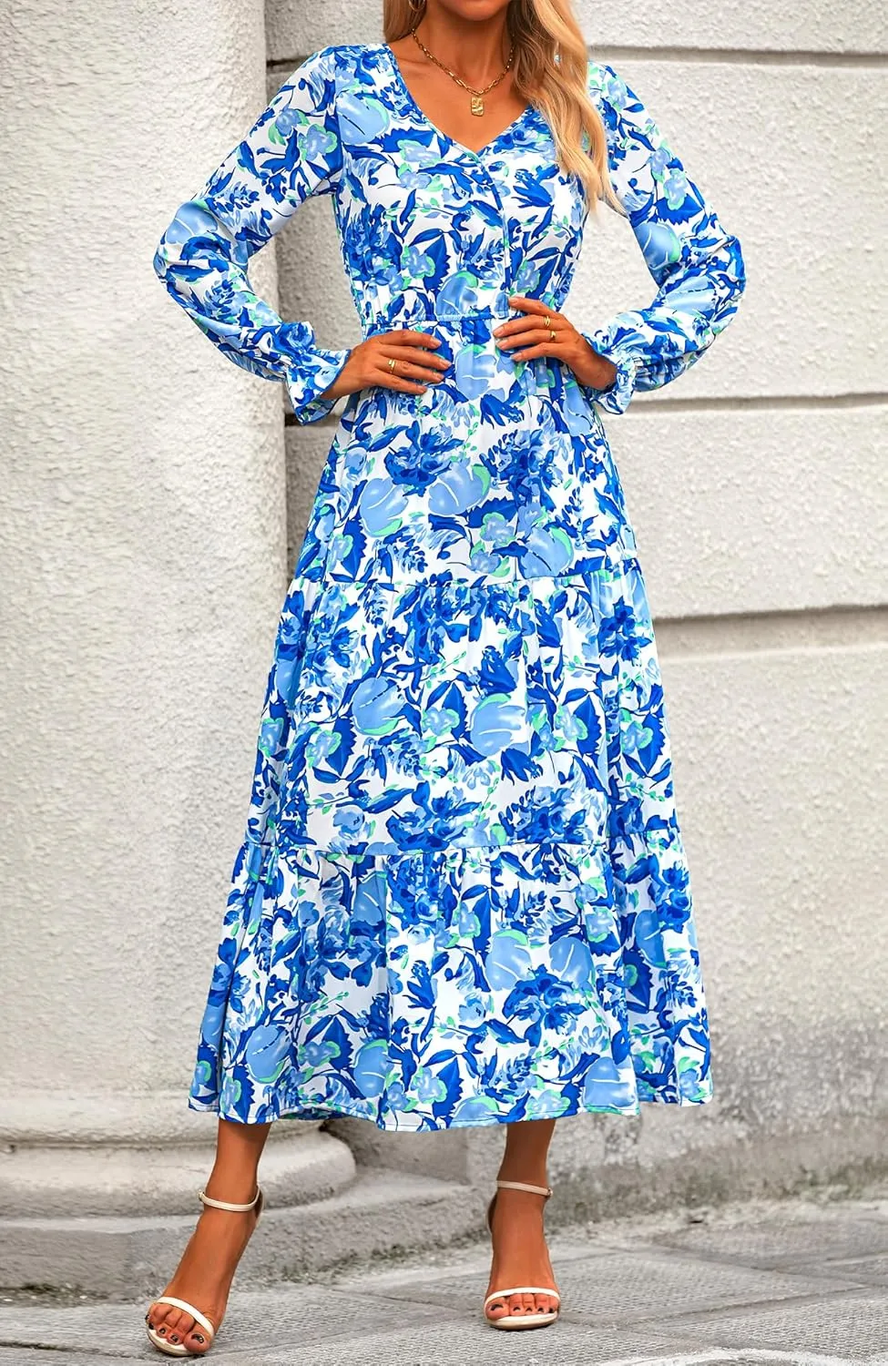 BTFBM Women Spring Dresses 2025 Casual Long Sleeve V Neck Maxi Dresses Floral Boho Long Dress Wedding Guest Dress