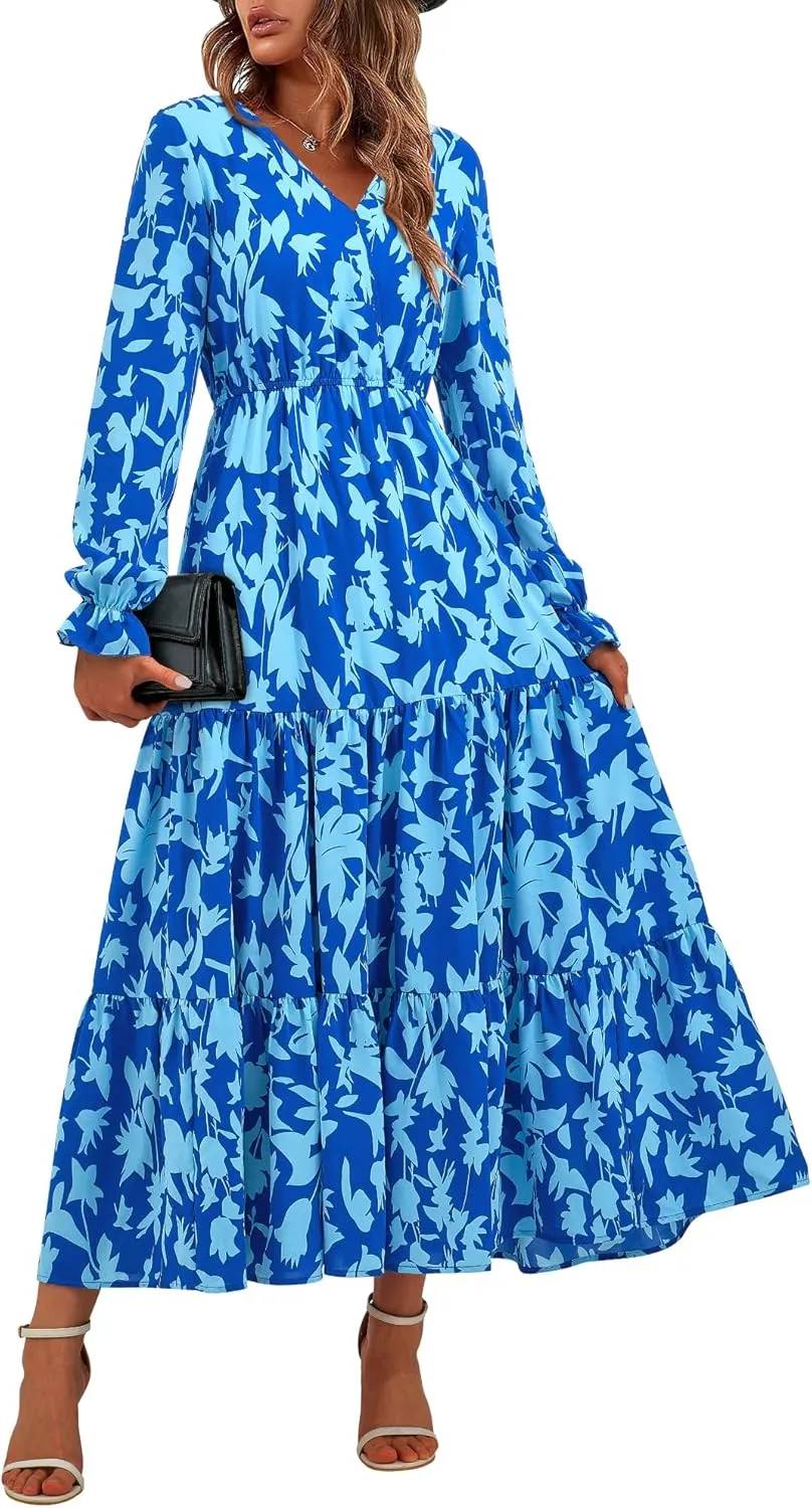 BTFBM Women Spring Dresses 2025 Casual Long Sleeve V Neck Maxi Dresses Floral Boho Long Dress Wedding Guest Dress