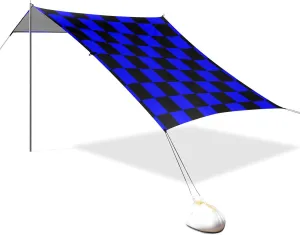 Buffalo Plaid Check Black Blue Designed UPF50  Protection Foldable Beach Canopy Waterproof Sun Shade with Sand Shovel, Sandbags for Backyard, Grassland, Park toldo para Playa