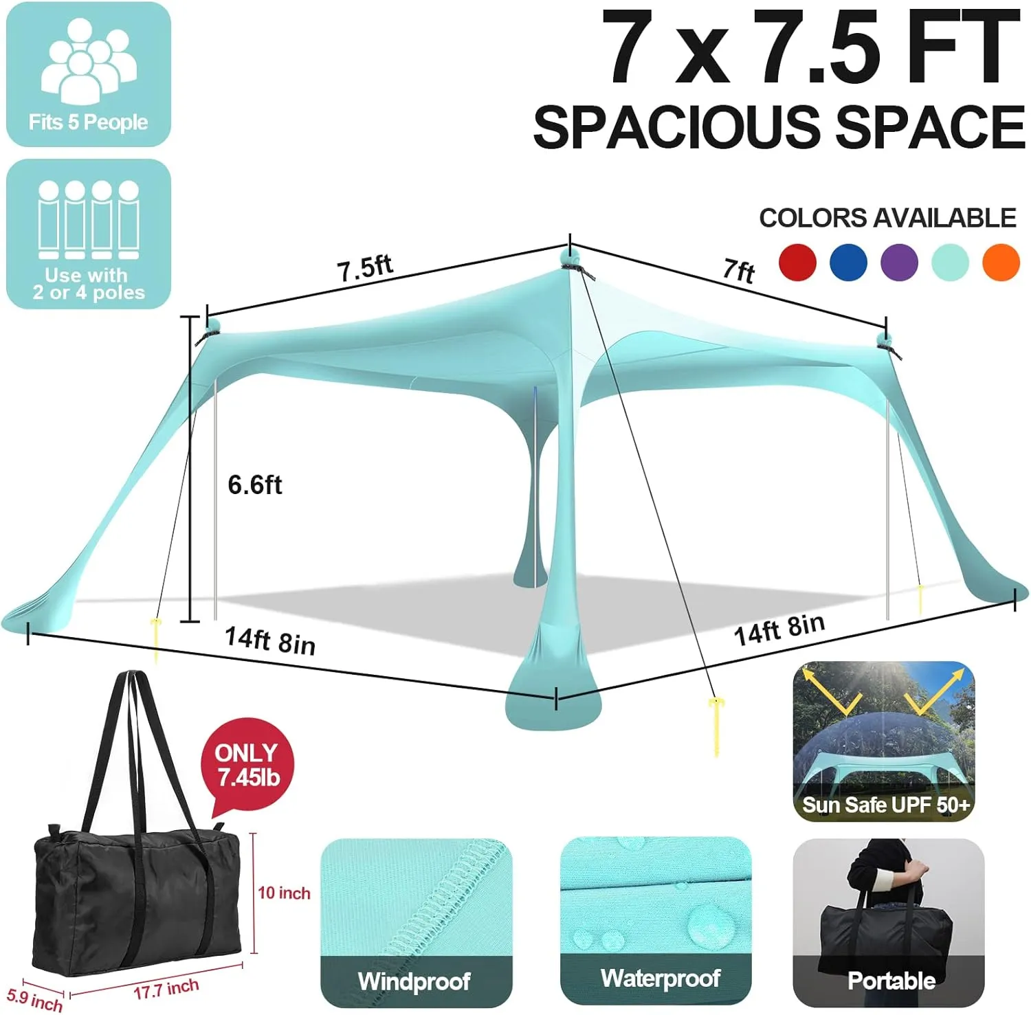 Buheco Beach Tent Pop Up Shade 7x7.5ft Beach Canopy Sun Shelter UPF50  with 4 Foldable Poles-Portable Carrying Bag-Sand Shovel-Ground Pegs-Windproof Ropes for Outdoor Family Camping-Fishing-Picnic