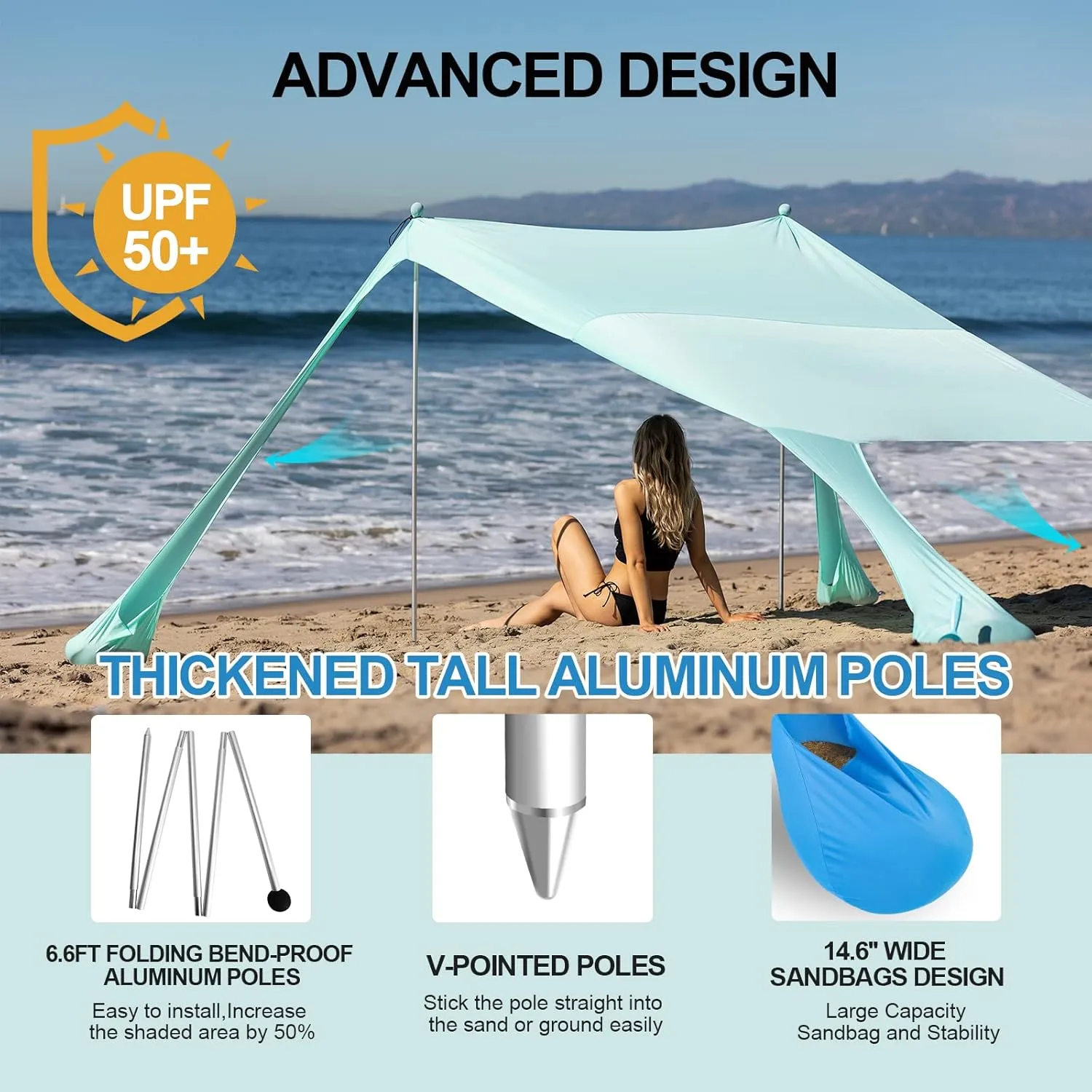 Buheco Beach Tent Pop Up Shade 7x7.5ft Beach Canopy Sun Shelter UPF50  with 4 Foldable Poles-Portable Carrying Bag-Sand Shovel-Ground Pegs-Windproof Ropes for Outdoor Family Camping-Fishing-Picnic