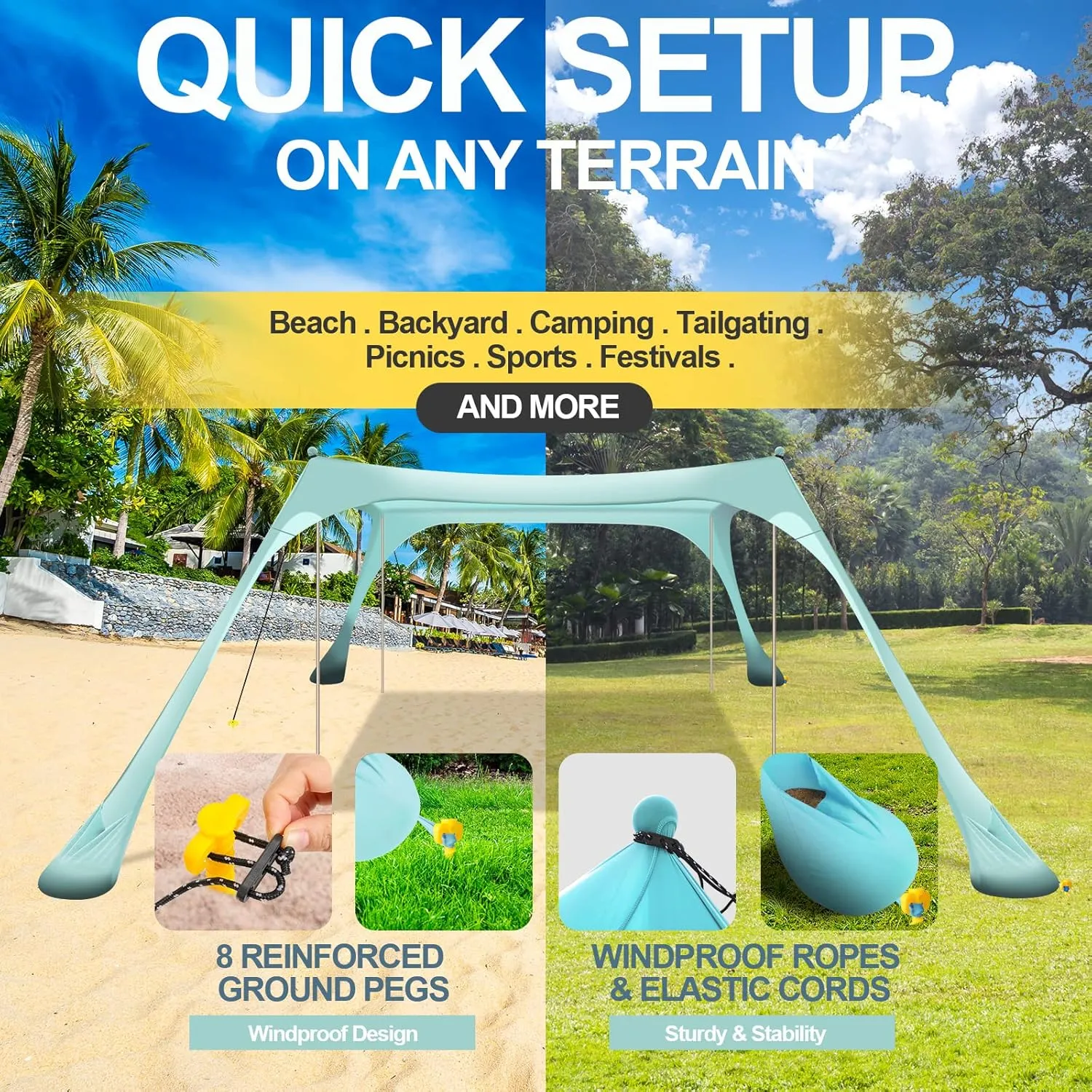 Buheco Beach Tent Pop Up Shade 7x7.5ft Beach Canopy Sun Shelter UPF50  with 4 Foldable Poles-Portable Carrying Bag-Sand Shovel-Ground Pegs-Windproof Ropes for Outdoor Family Camping-Fishing-Picnic