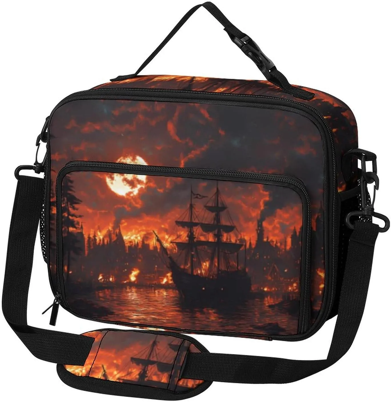 Burning Harbor Blood Moon Ship Large Insulated Lunch Bag Reusable Lunch Cooler Bags Tote for Work Picnic Outdoor
