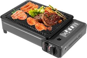 Butane Stove with Griddle Top and Carrying Case, Portable Camping Grill Gas Stove Portable Tabletop bbq Grill Free Standing BBQ Grill with Grilling Net Carry Case for Camping Traveling Outdoor Cooking