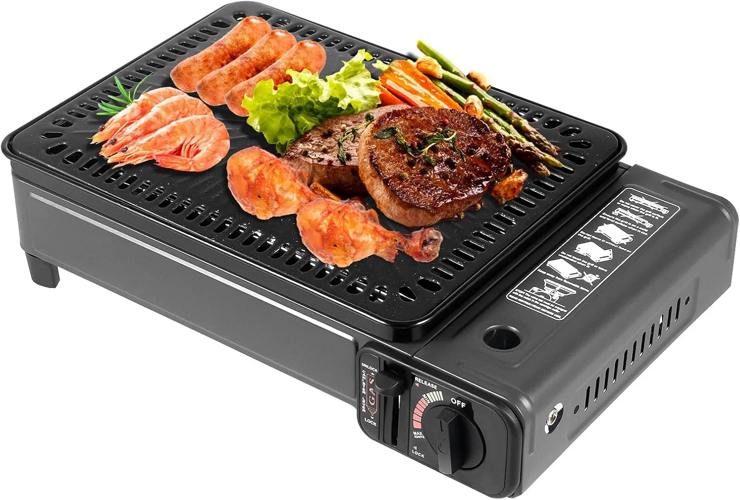 Butane Stove with Griddle Top and Carrying Case, Portable Camping Grill Gas Stove Portable Tabletop bbq Grill Free Standing BBQ Grill with Grilling Net Carry Case for Camping Traveling Outdoor Cooking