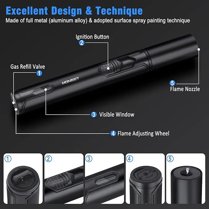 Butane Torch Lighter Refillable Torch Lighter 2 Pack Adjustable Jet Flame Butane Lighter Black 6-inch Pen Butane Lighter for BBQ Stove Grill Candle Camping 6-inch (Gas Not Included)