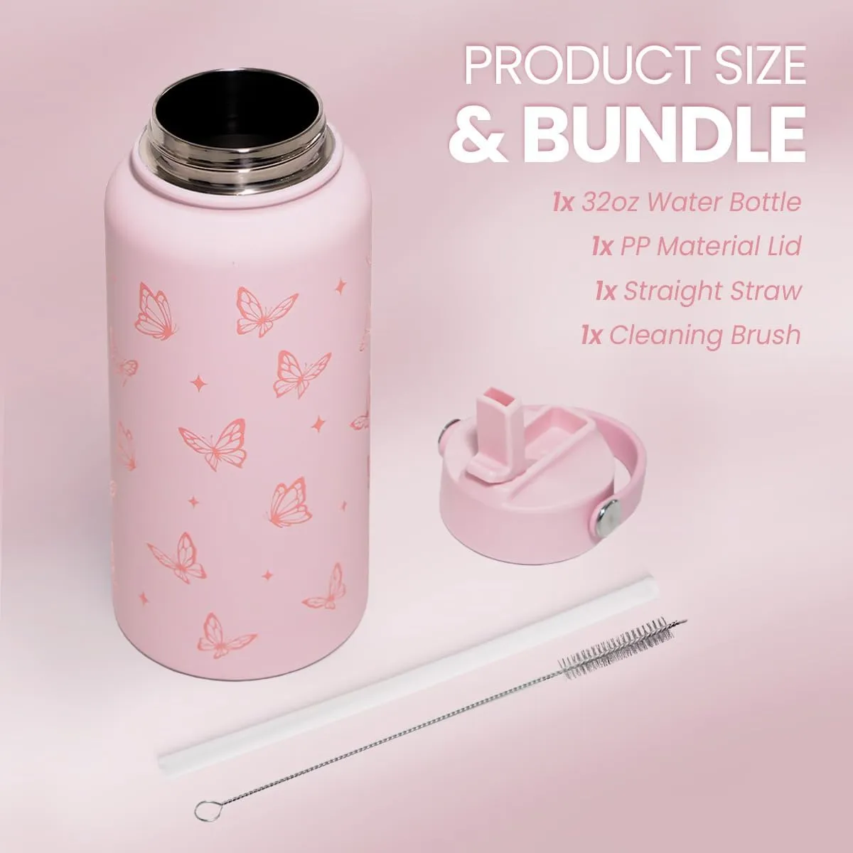Butterfly Water Bottle Insulated Vacuum Stainless Steel 32oz with Lid, Gifts for Women Girls Teens Birthday Christmas