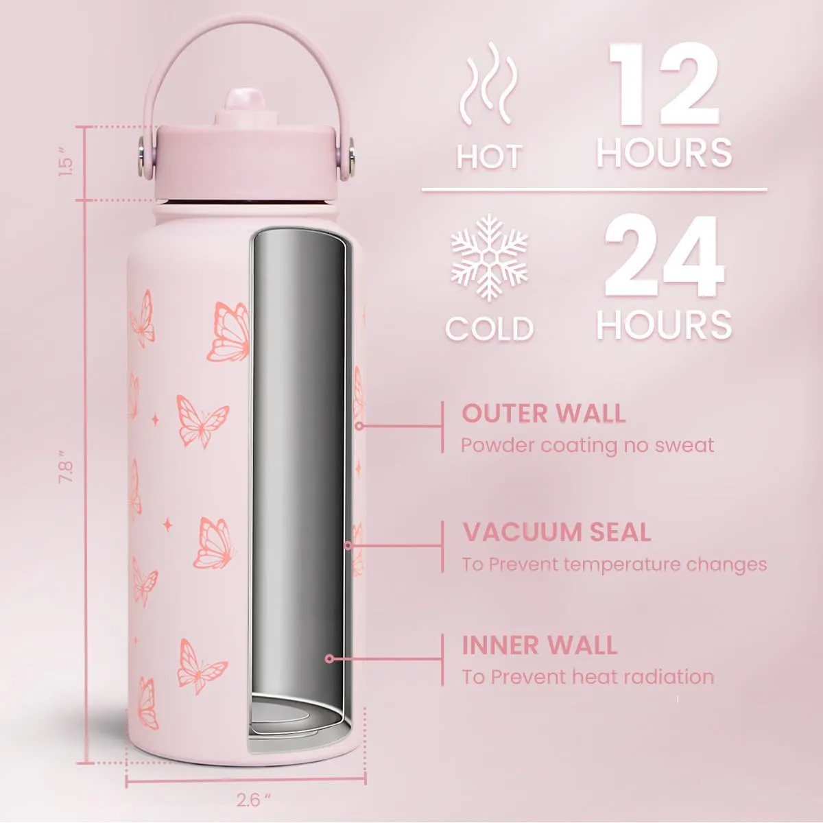 Butterfly Water Bottle Insulated Vacuum Stainless Steel 32oz with Lid, Gifts for Women Girls Teens Birthday Christmas