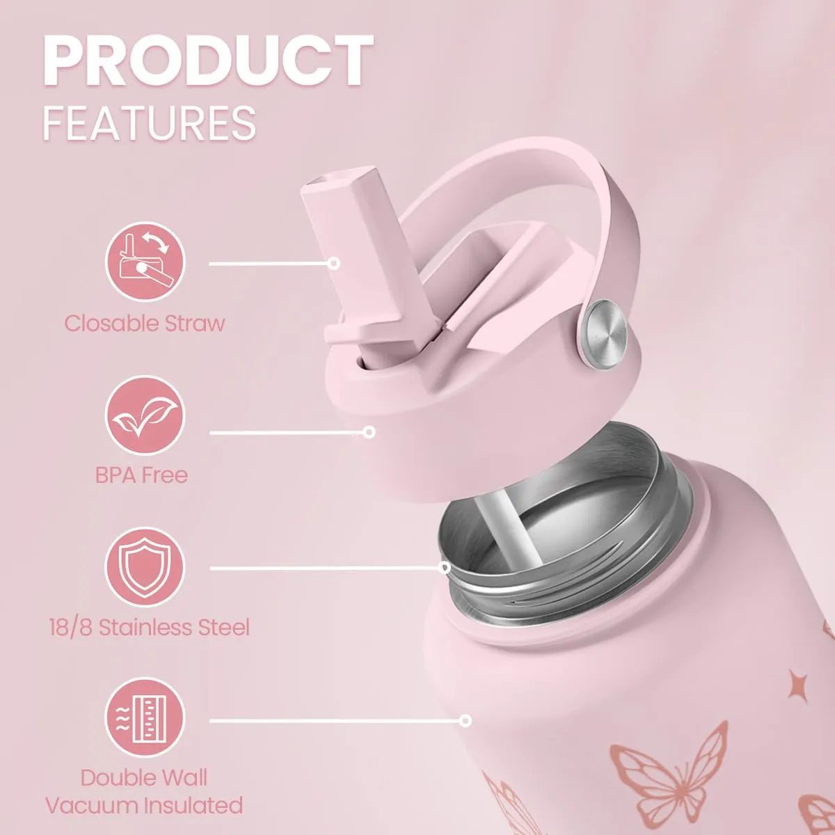 Butterfly Water Bottle Insulated Vacuum Stainless Steel 32oz with Lid, Gifts for Women Girls Teens Birthday Christmas