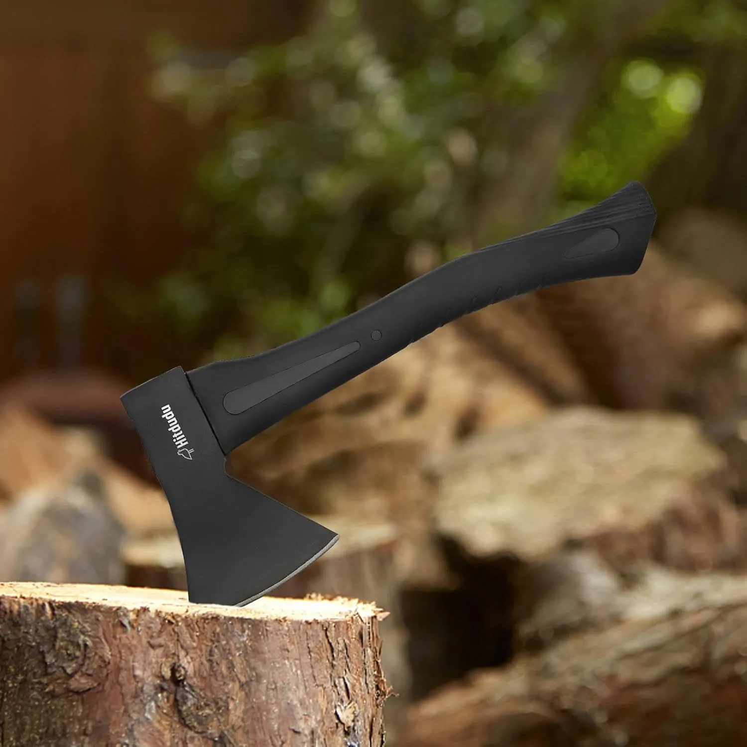 Camping Axe, 14" Camping Chopping Hatchet for Firewood Splitting, Forged Carbon Steel Heat Treated Gargen Tool, Fiberglass Shock Reduction Handle with Anti-Slip Rubber Grip