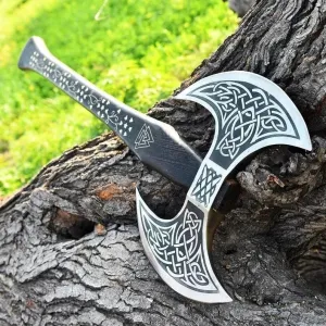 Camping Axe Tomahawk Viking Axe Long Double Edge Head Viking Axe Twin Blade Axe with Rose Wood Handle on Brass Work with Leather Sheath