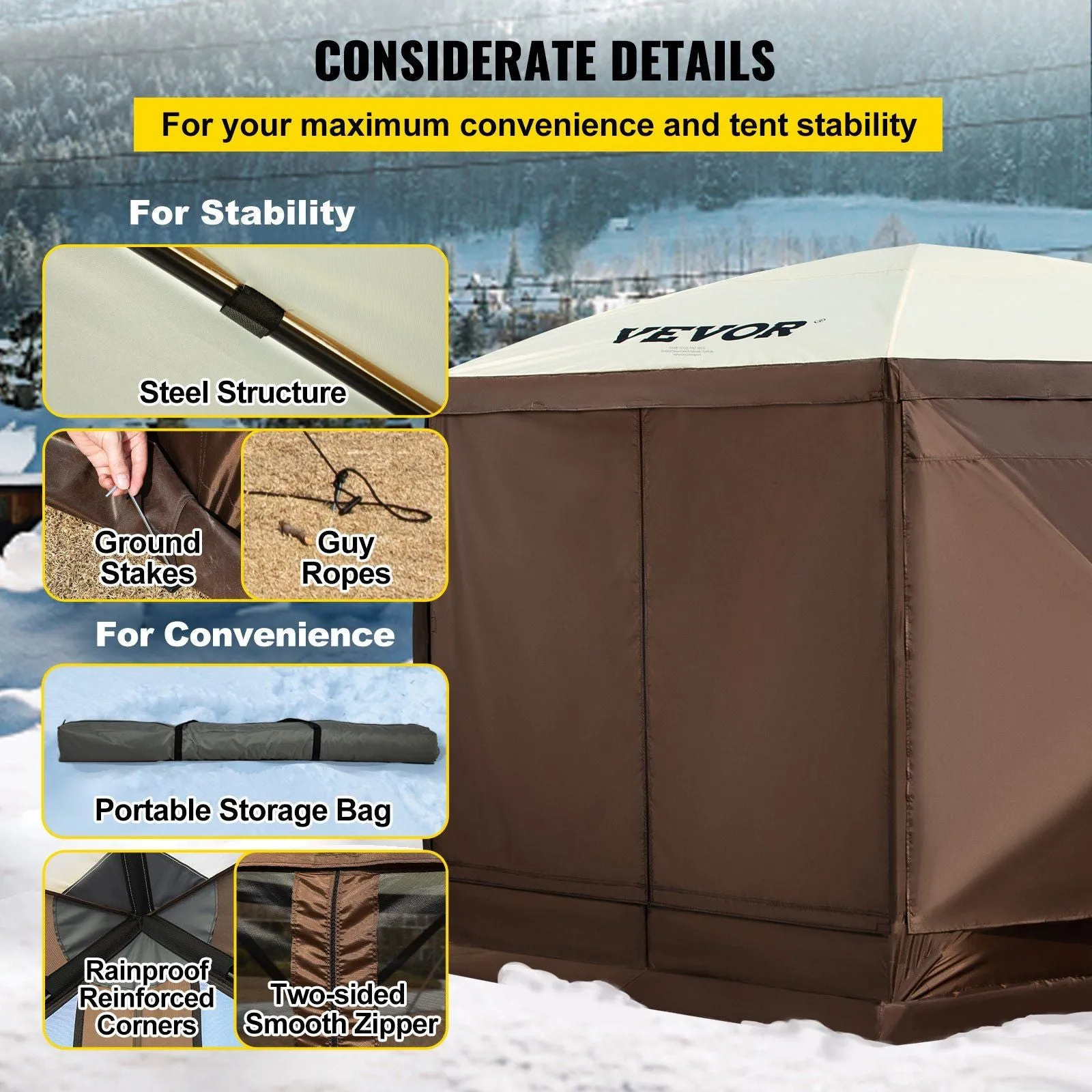 Camping, Brown Mesh Professional-grade Gazebo 8 Shelter 6 Person Tent, Storage Best-seller Camping Stakes, Sided Waterproof Tent Ground VEVOR Screen Bag, w/Portable Beige 10'x10', Canopy Pop-up & Screen for Windows,