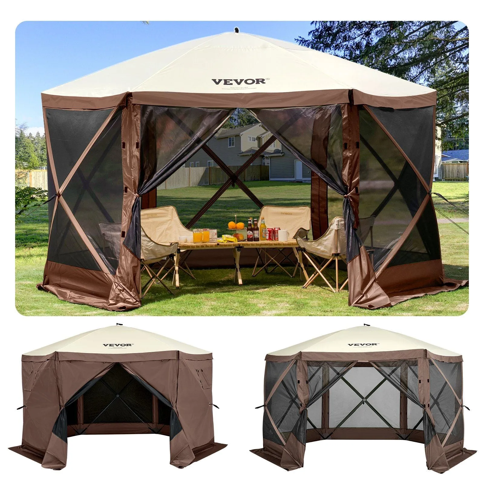 Camping, Brown Mesh Professional-grade Gazebo 8 Shelter 6 Person Tent, Storage Best-seller Camping Stakes, Sided Waterproof Tent Ground VEVOR Screen Bag, w/Portable Beige 10'x10', Canopy Pop-up & Screen for Windows,