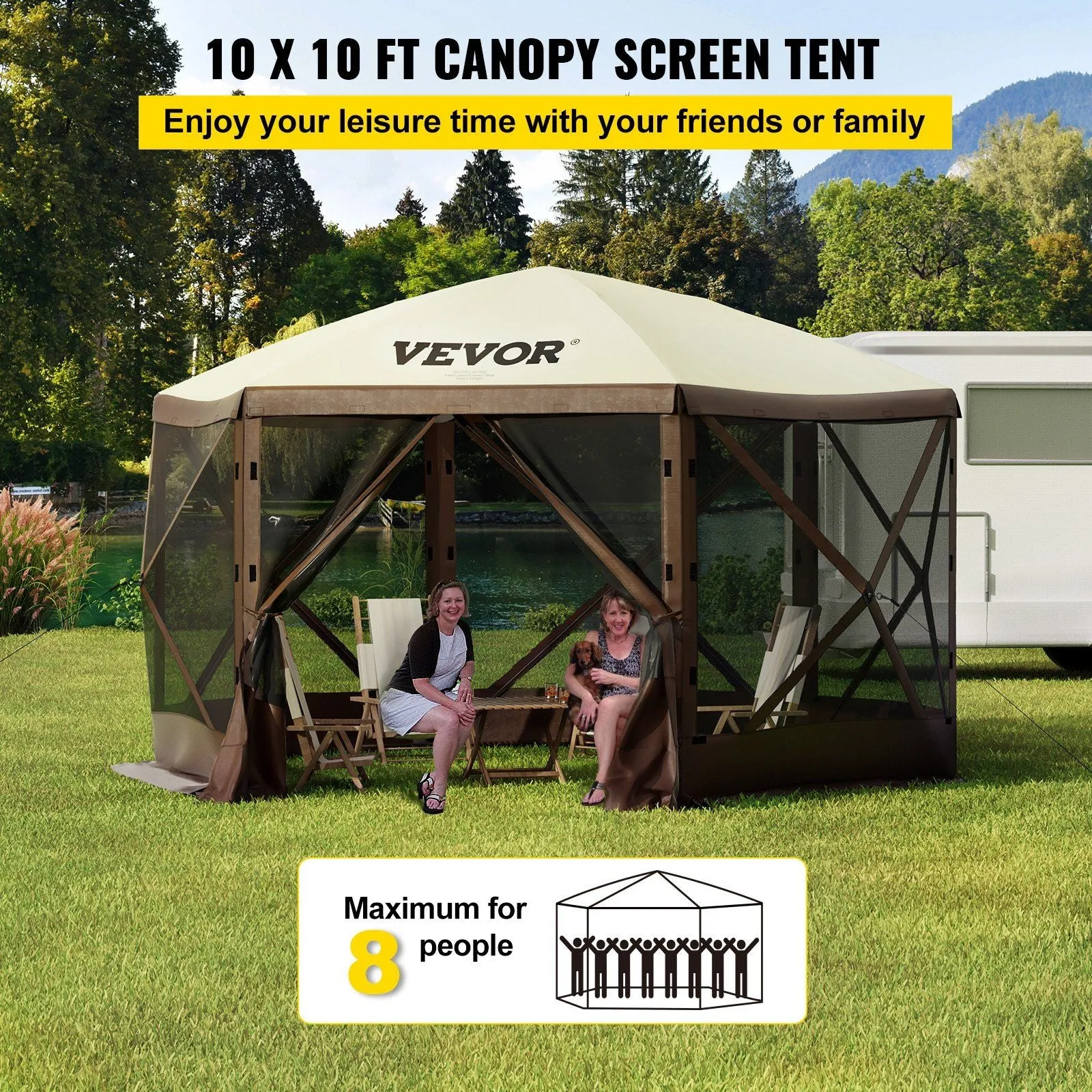 Camping, Brown Mesh Professional-grade Gazebo 8 Shelter 6 Person Tent, Storage Best-seller Camping Stakes, Sided Waterproof Tent Ground VEVOR Screen Bag, w/Portable Beige 10'x10', Canopy Pop-up & Screen for Windows,