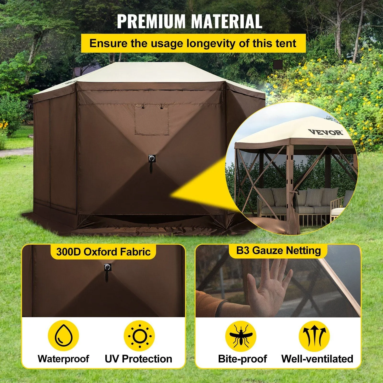 Camping, Brown Mesh Professional-grade Gazebo 8 Shelter 6 Person Tent, Storage Best-seller Camping Stakes, Sided Waterproof Tent Ground VEVOR Screen Bag, w/Portable Beige 10'x10', Canopy Pop-up & Screen for Windows,