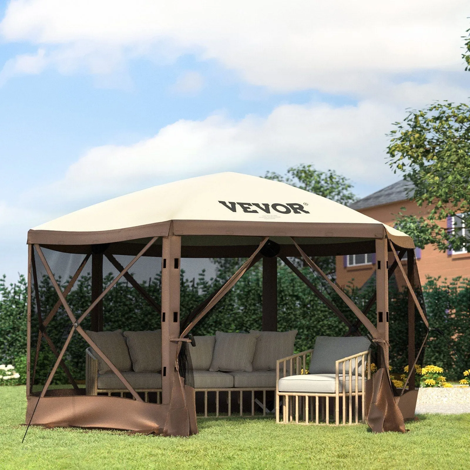 Camping, Brown Mesh Professional-grade Gazebo 8 Shelter 6 Person Tent, Storage Best-seller Camping Stakes, Sided Waterproof Tent Ground VEVOR Screen Bag, w/Portable Beige 10'x10', Canopy Pop-up & Screen for Windows,