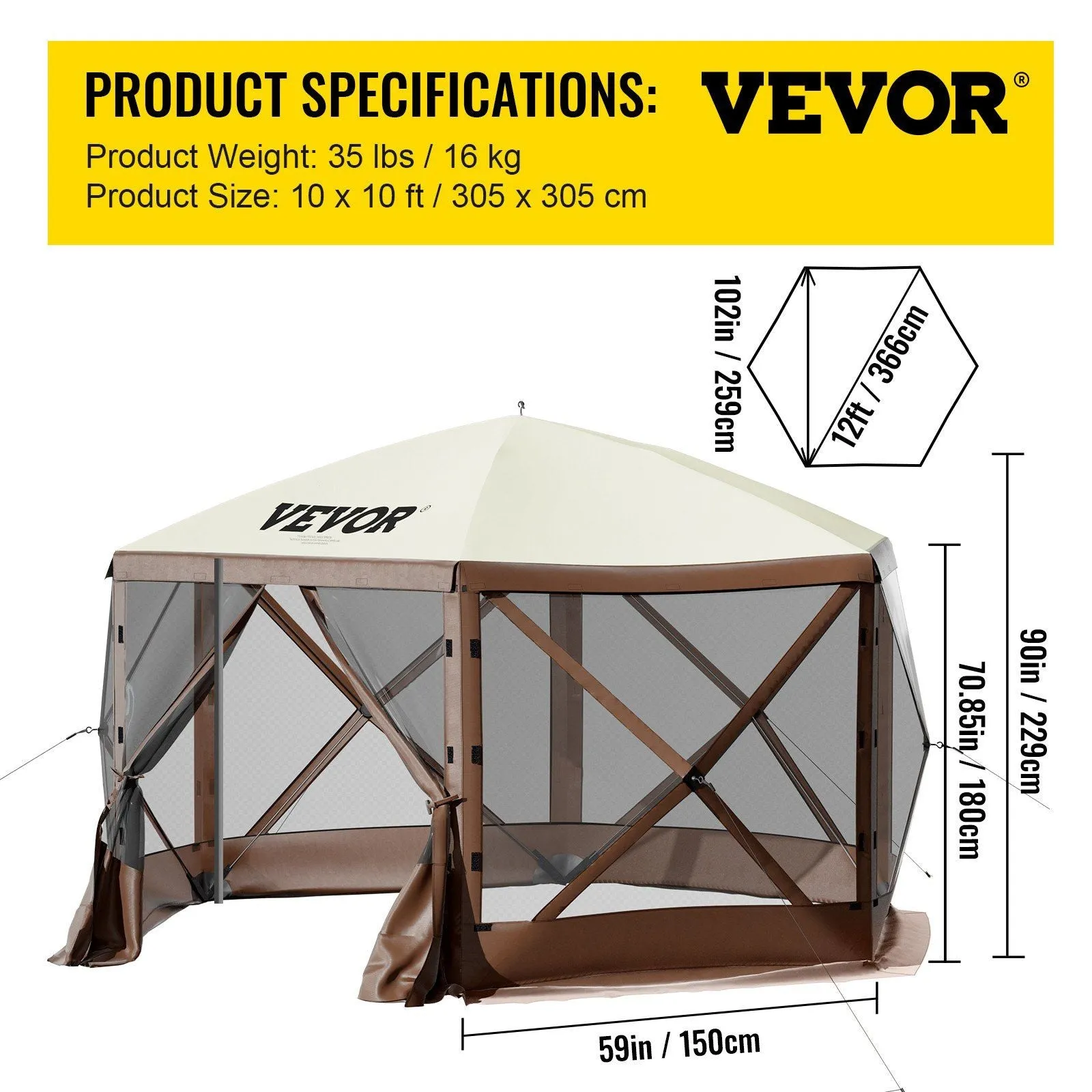 Camping, Brown Mesh Professional-grade Gazebo 8 Shelter 6 Person Tent, Storage Best-seller Camping Stakes, Sided Waterproof Tent Ground VEVOR Screen Bag, w/Portable Beige 10'x10', Canopy Pop-up & Screen for Windows,