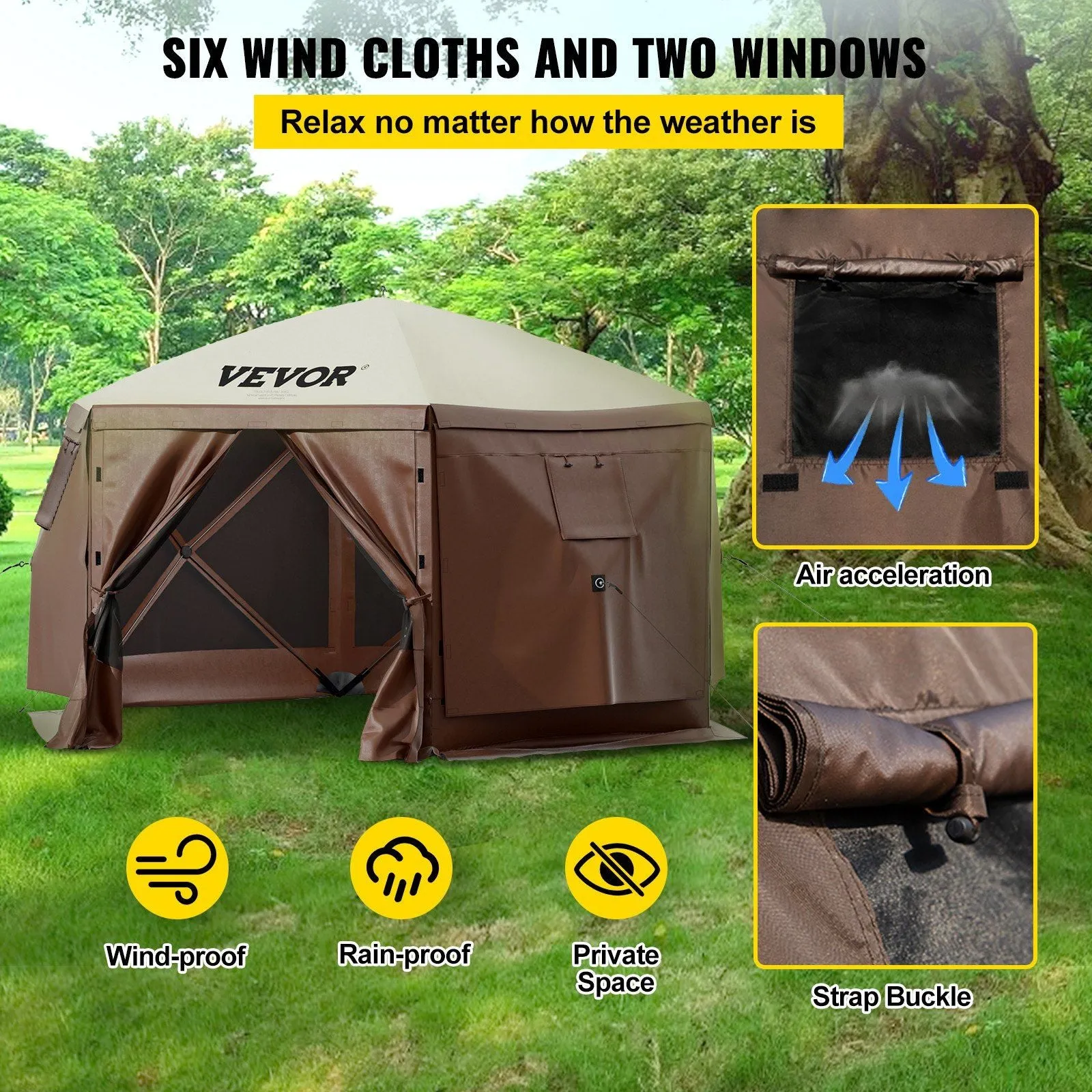 Camping, Brown Mesh Professional-grade Gazebo 8 Shelter 6 Person Tent, Storage Best-seller Camping Stakes, Sided Waterproof Tent Ground VEVOR Screen Bag, w/Portable Beige 10'x10', Canopy Pop-up & Screen for Windows,