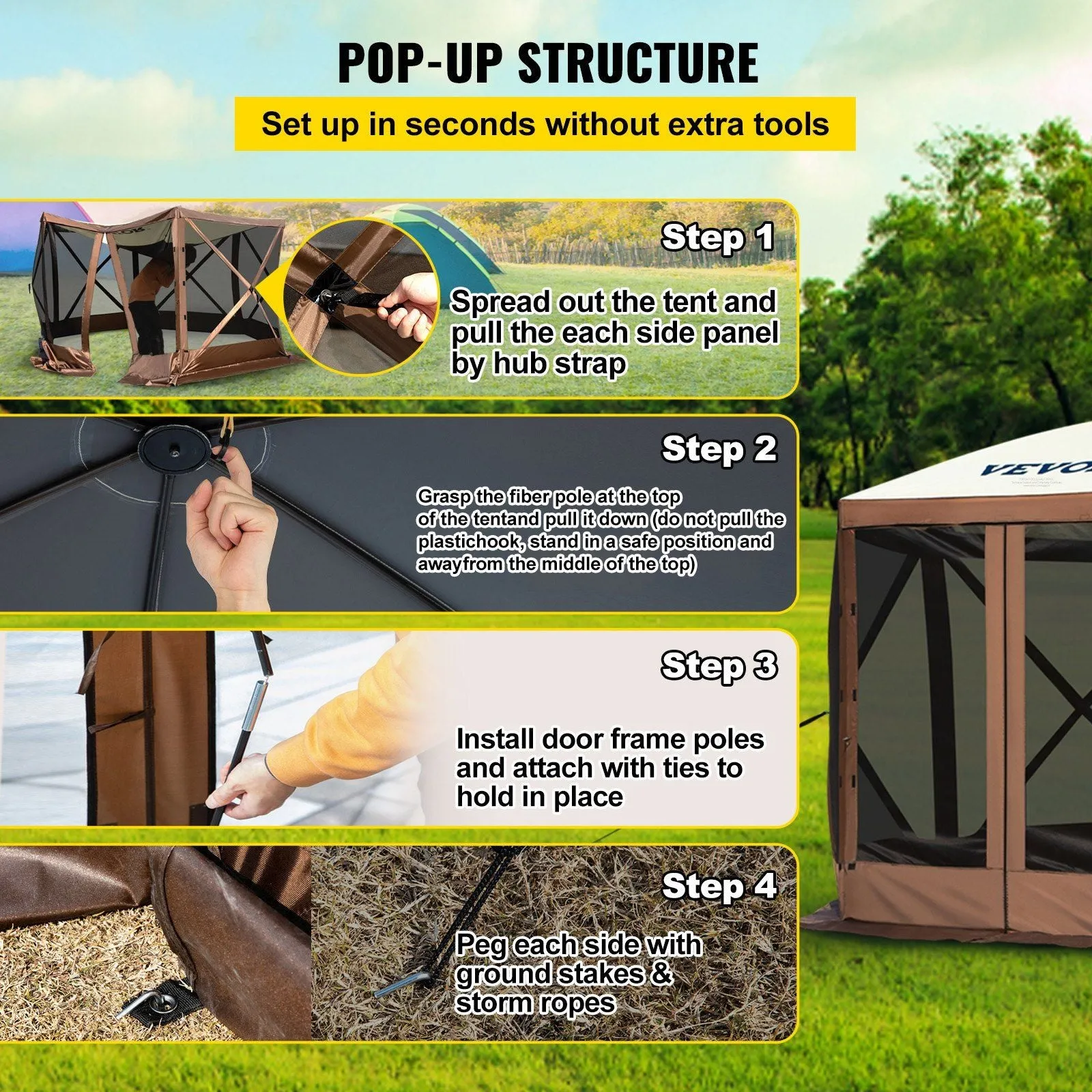 Camping, Brown Mesh Professional-grade Gazebo 8 Shelter 6 Person Tent, Storage Best-seller Camping Stakes, Sided Waterproof Tent Ground VEVOR Screen Bag, w/Portable Beige 10'x10', Canopy Pop-up & Screen for Windows,