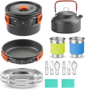 Camping Cookware Kit with Folding Pot Pan Kettle Spoon Fork Cup 2 Person Outdoor Backpacking Hiking Portable Non-Stick Metal Cookware