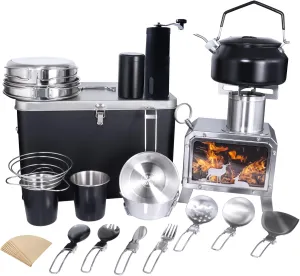 Camping Cookware Set, 20 Pieces, Stainless Steel and Black