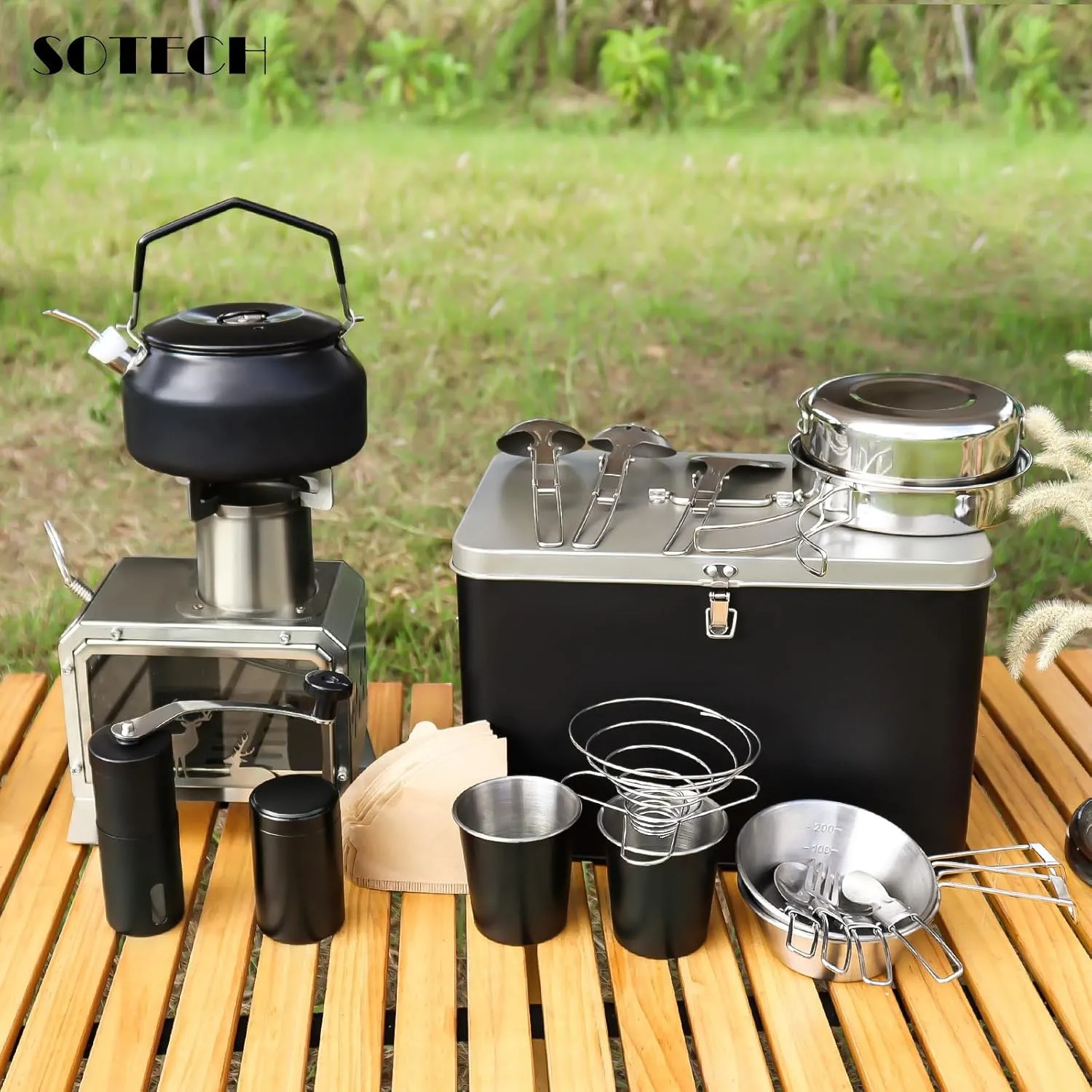 Camping Cookware Set, 20 Pieces, Stainless Steel and Black