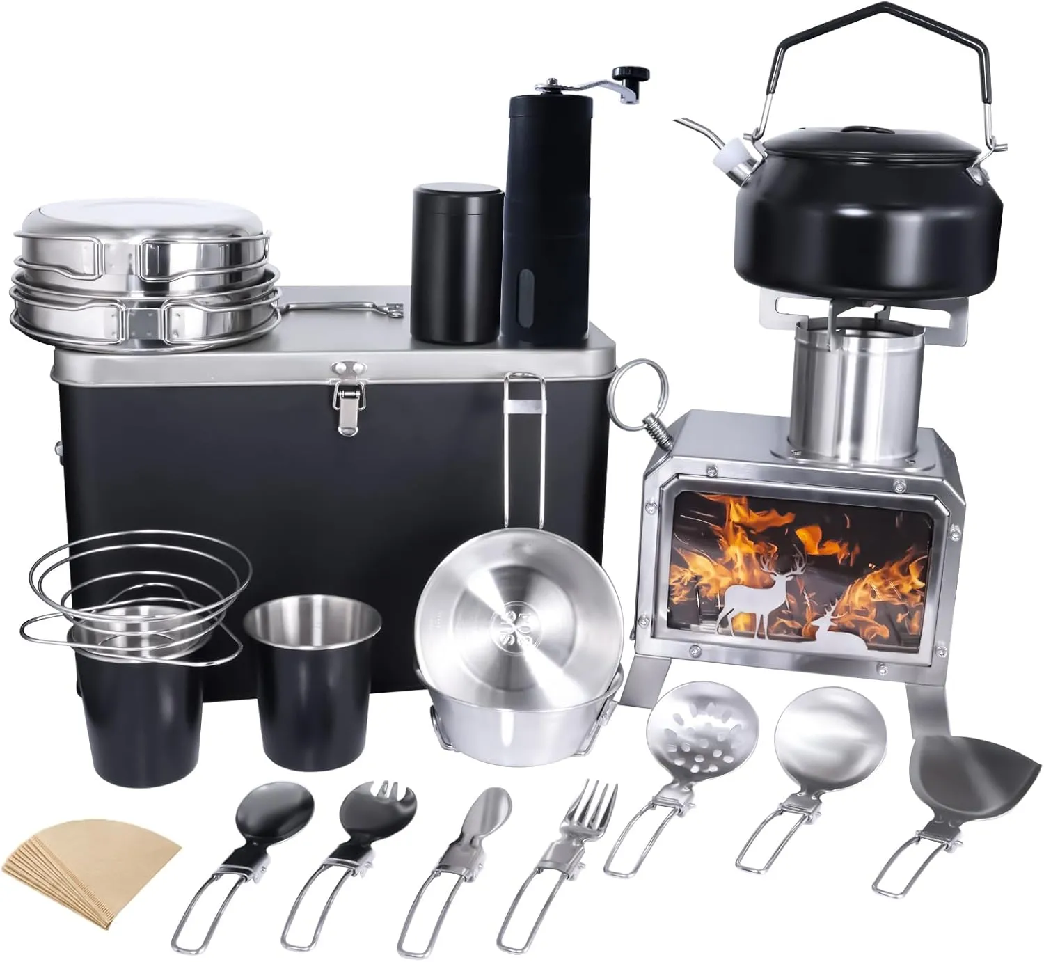 Camping Cookware Set, 20 Pieces, Stainless Steel and Black