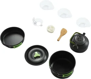 Camping Pot Set Aluminium Oxide Accessories Pans Pot Mess Kit 1 to 3 People Camping Green