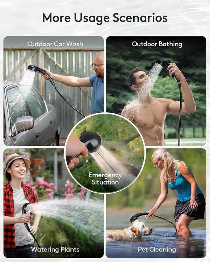 Camping Shower, 6000mAh Rechargable Portable Shower for Outdoor, Hiking - 12V High Pressure, Multi-Modes, One-Touch ON/Off (L)