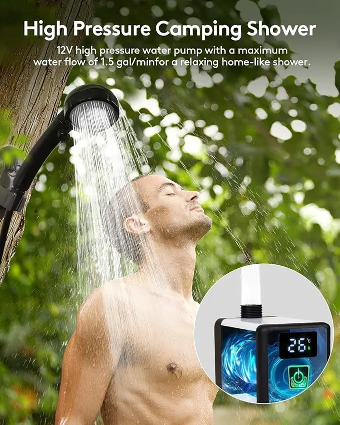 Camping Shower, 6000mAh Rechargable Portable Shower for Outdoor, Hiking - 12V High Pressure, Multi-Modes, One-Touch ON/Off (L)