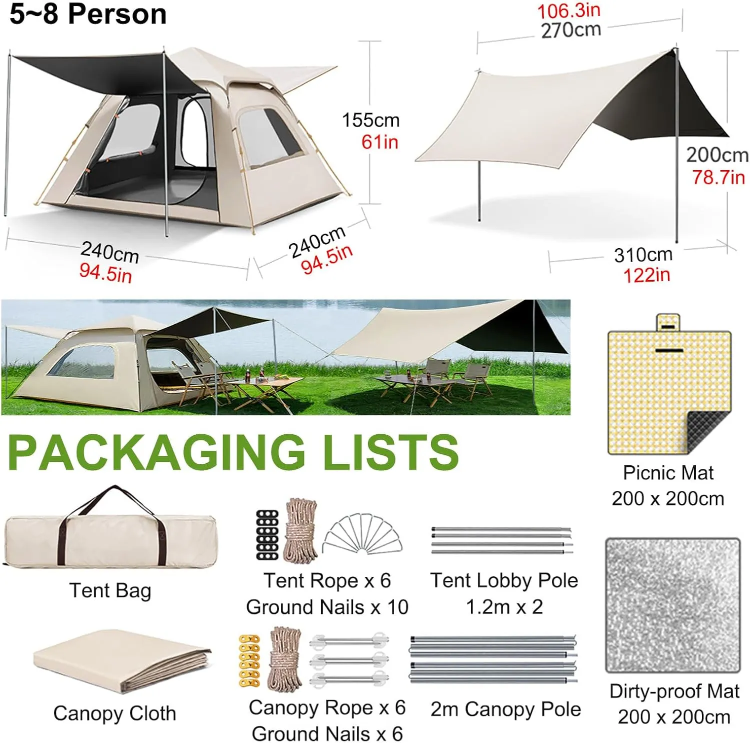 Camping Tent 4-8 Person, Pop Up Automatic Dome Beach Tents, Family Tent with Canopy & Picnic Mat, for Backpacking Hiking Mountaineering Trips,8 Person