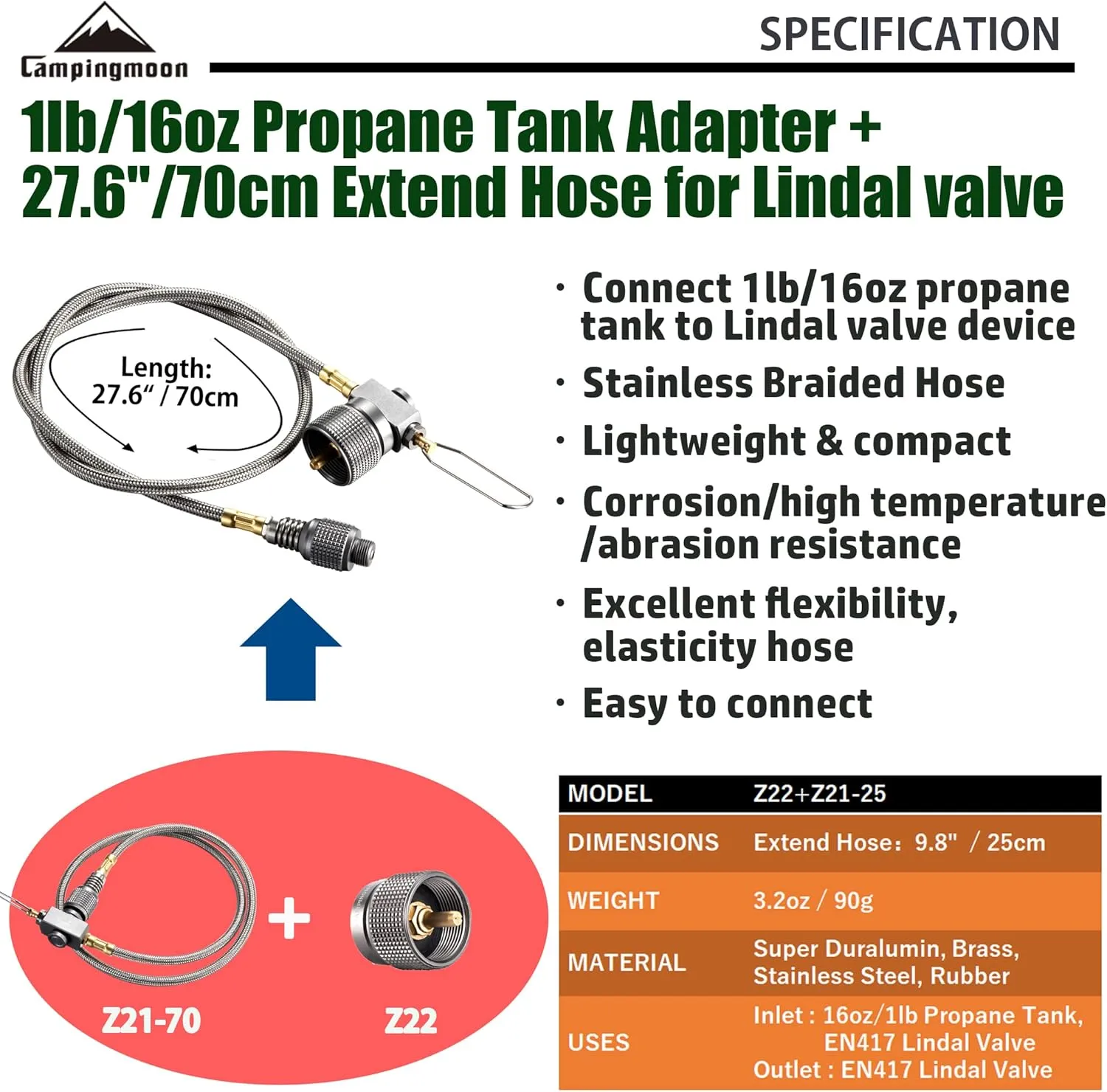 CAMPINGMOON Propane to Butane Camping Stove Adapter with Hose Valve Convert 16oz/1Lb Small Propane Tank to EN417 Lindal Valve Z22/Z21