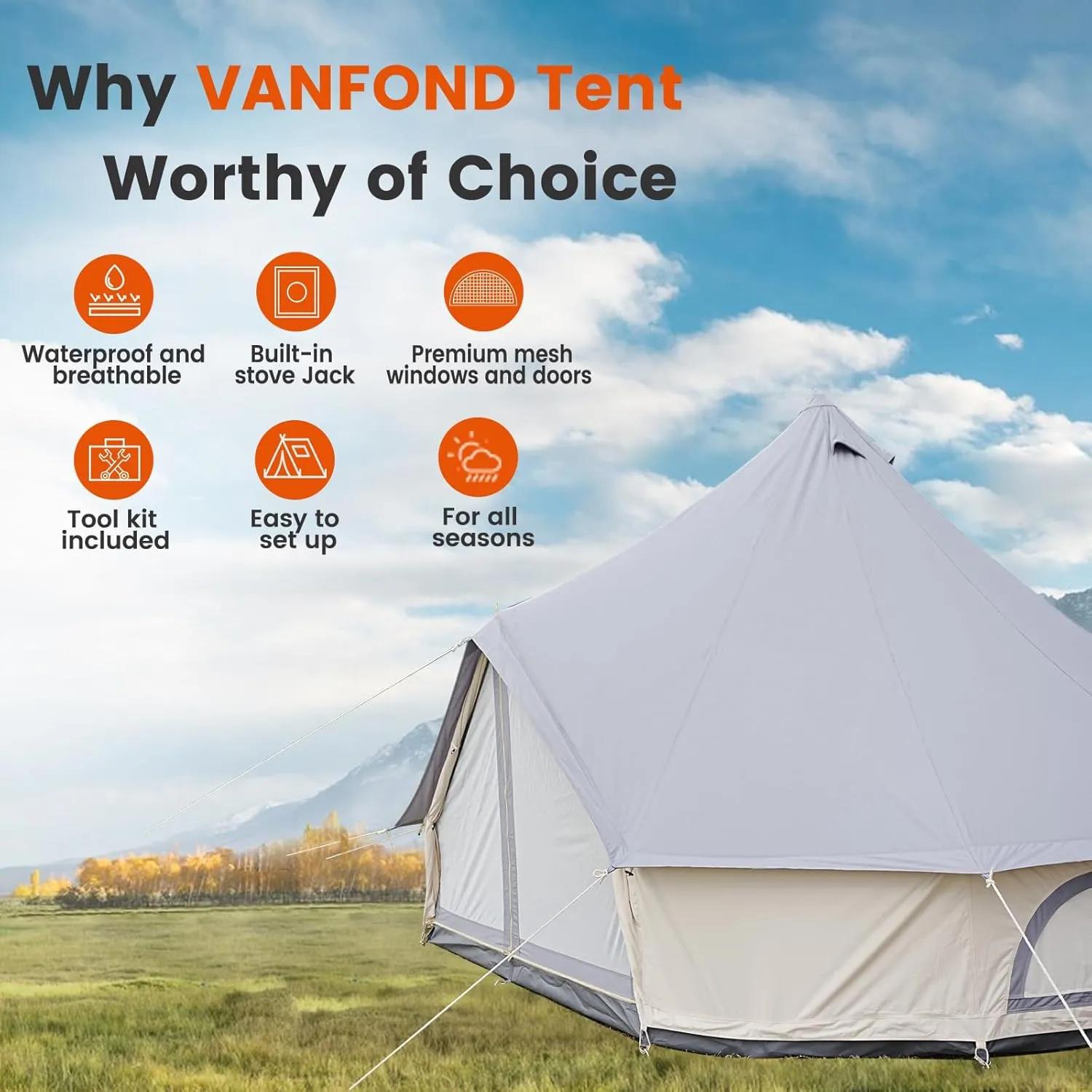 Canvas Bell Tent - 4 Seasons Glamping Yurt with Stove Jack for Family Camping - Waterproof
