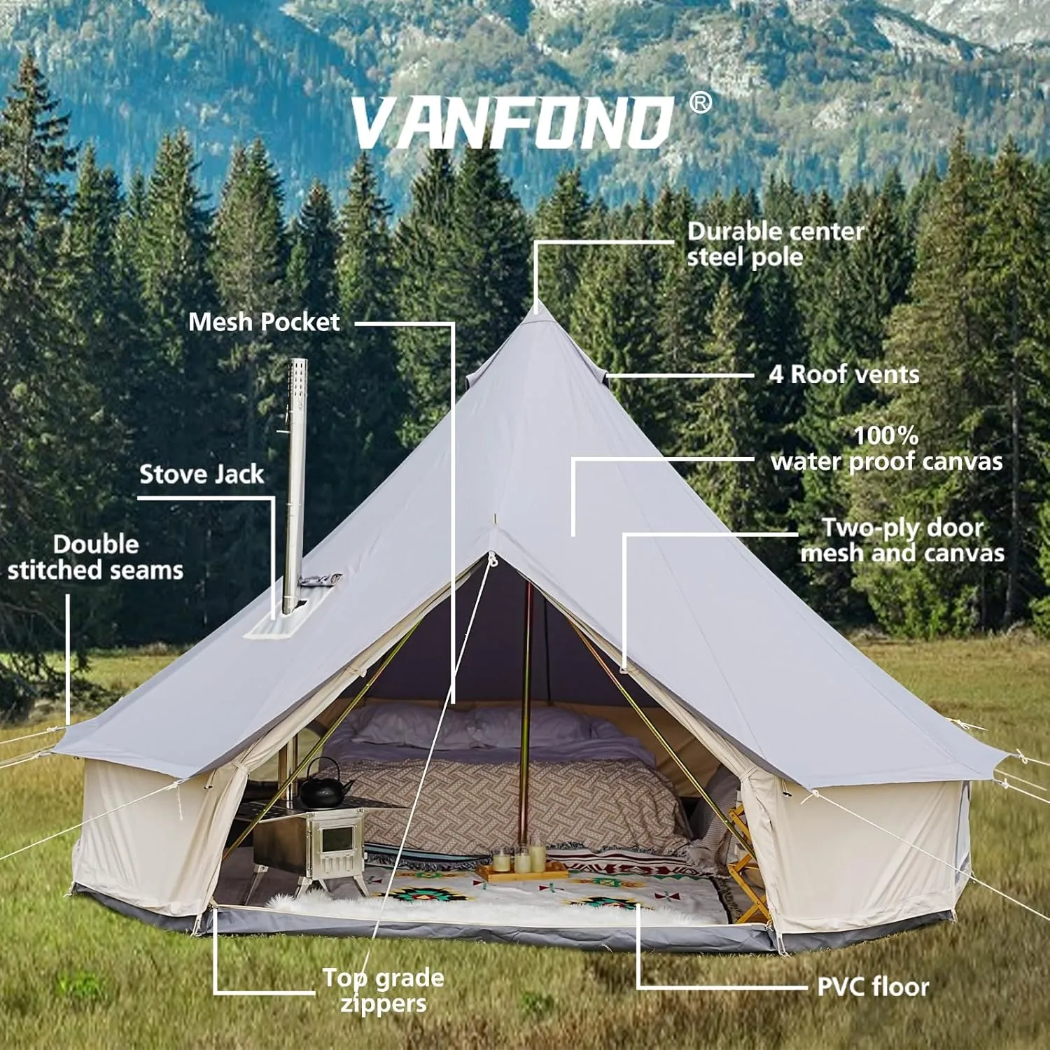 Canvas Bell Tent - 4 Seasons Glamping Yurt with Stove Jack for Family Camping - Waterproof
