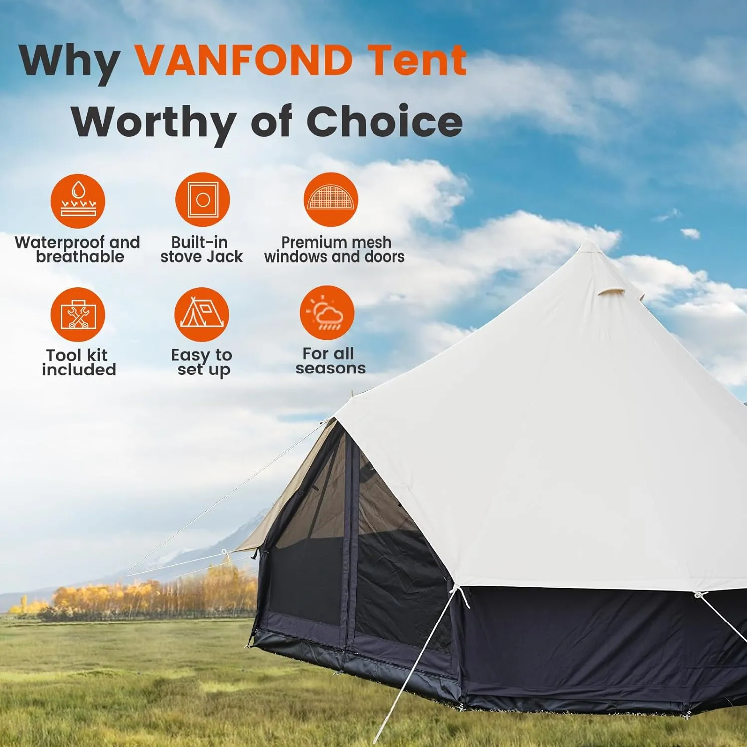 Canvas Bell Tent - 4 Seasons Glamping Yurt with Stove Jack for Family Camping - Waterproof